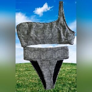 Aerie Black White High Cut Cheeky Bottom M & One Shoulder Top XL Bikini Set